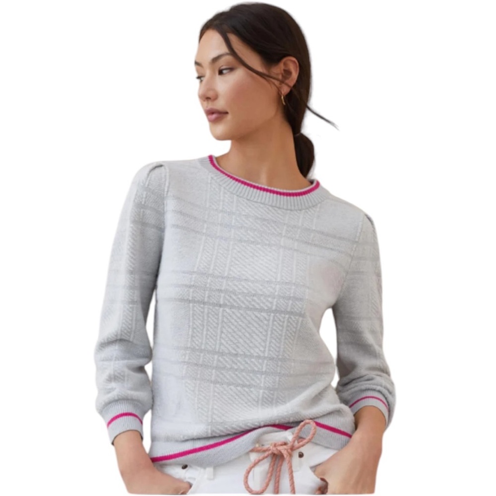 ANTHROPOLOGIE GRAY TEXTURED CREW NECK PINK STRIPE PUFF PRINCESS SLEEVE SWEATER S